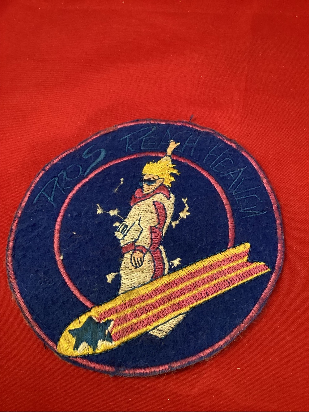 Big round marked Pros Reach Heaven with Navy and Yellow Embroidered Patch